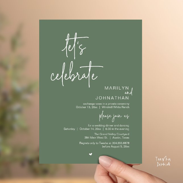Let's Celebrate, Minimal Modern Wedding Reception Inbjudningar (Let's Celebrate, Modern Minimal Wedding Reception dinner dancing Invitation card sage green)