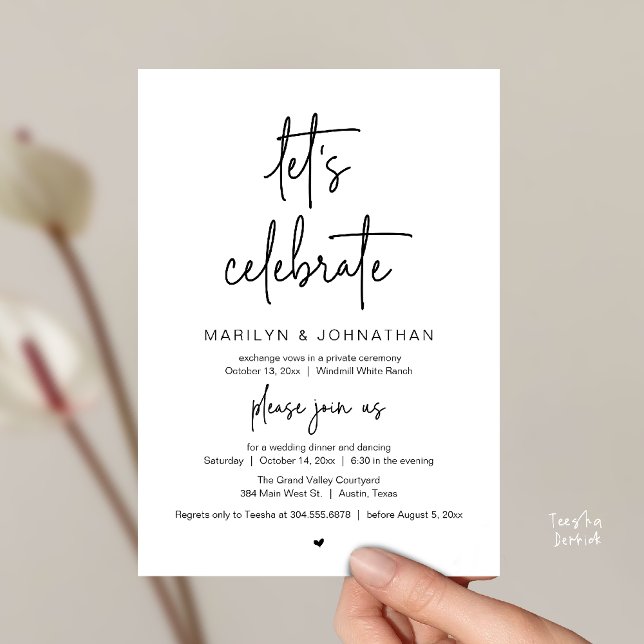 Let's Celebrate, Modern Minimal Wedding Reception Inbjudningar (Let's Celebrate, Modern Minimal Wedding Reception dinner dancing Invitation card black and white)