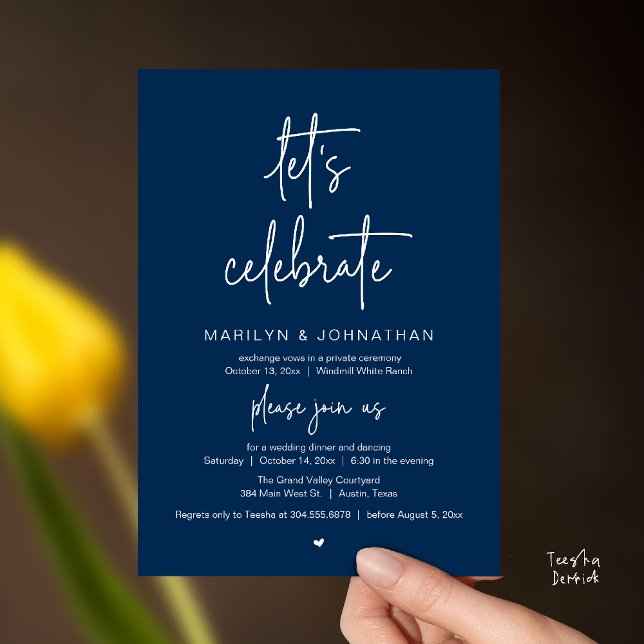 Let's Celebrate, Modern Minimal Wedding Reception Inbjudningar (Let's Celebrate, Modern Minimal Wedding Reception dinner dancing Invitation card navy blue)