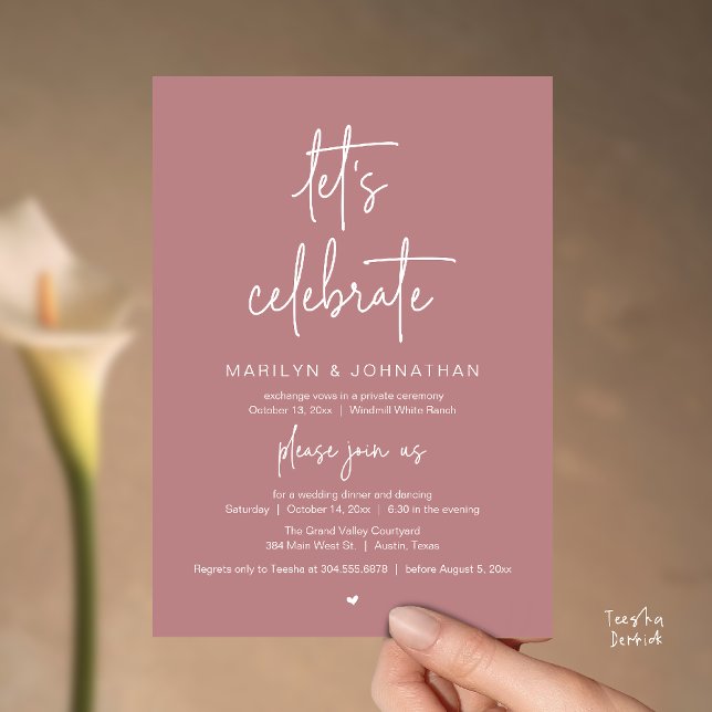 Let's Celebrate, Modern Minimal Wedding Reception Inbjudningar (Let's Celebrate, Modern Minimal Wedding Reception dinner dancing Invitation card dusty rose pink)