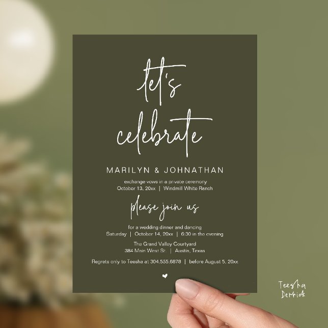 Let's Celebrate, Modern Minimal Wedding Reception Inbjudningar (Let's Celebrate, Modern Minimal Wedding Reception dinner dancing Invitation card olive green)