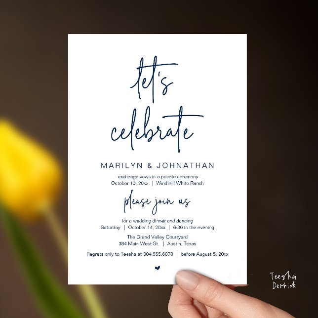 Let's Celebrate, Modern Minimal Wedding Reception Inbjudningar (Let's Celebrate, Modern Minimal Wedding Reception dinner dancing Invitation card navy blue)