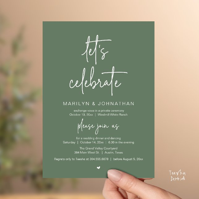 Let's Celebrate, Modern Minimal Wedding Reception Inbjudningar (Let's Celebrate, Modern Minimal Wedding Reception dinner dancing Invitation card sage green)