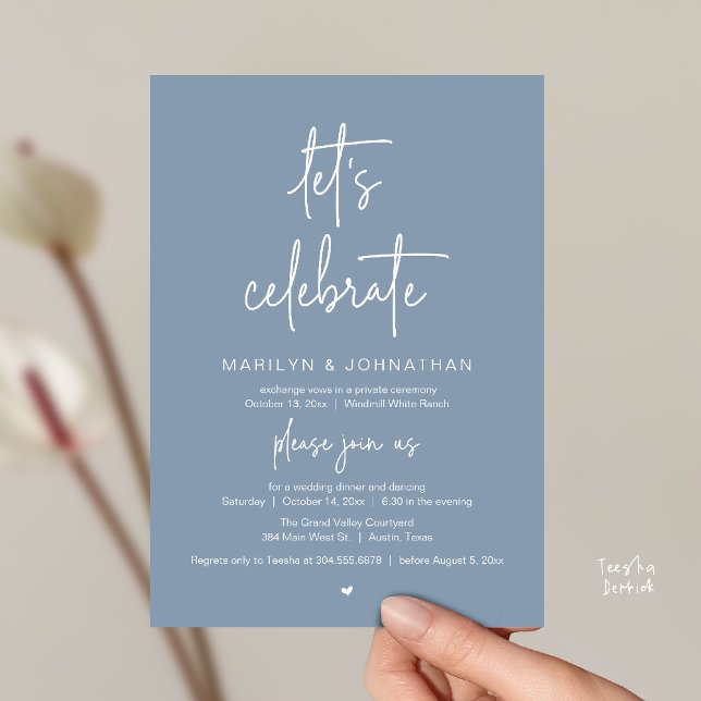 Let's Celebrate, Modern Minimal Wedding Reception Inbjudningar (Let's Celebrate, Modern Minimal Wedding Reception dinner dancing Invitation card dusty blue)