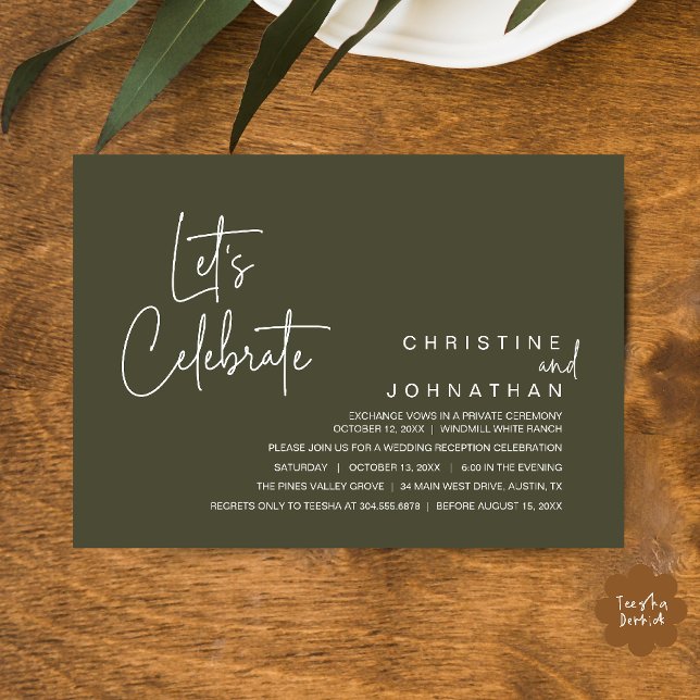 Let's Celebrate, Wedding Elopement Dinner Party Inbjudningar (Let's Celebrate, modern minimal Wedding Elopement Dinner Party Invitation card in olive green)