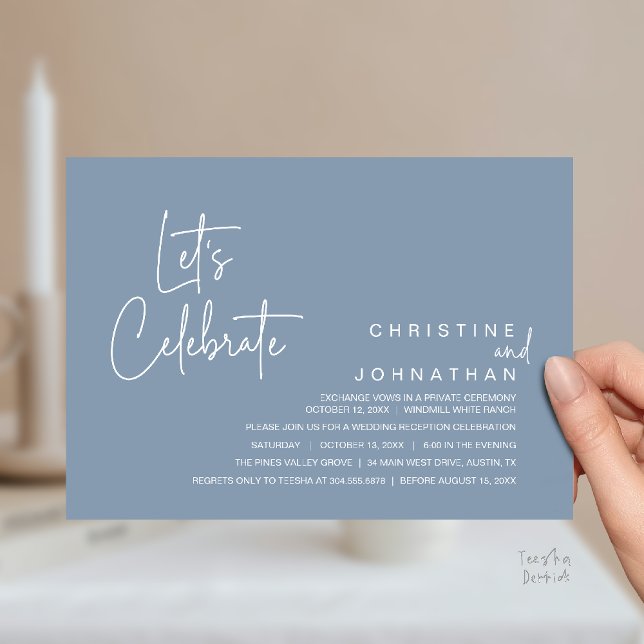 Let's Celebrate, Wedding Elopement Dinner Party Inbjudningar (Let's Celebrate, modern minimal Wedding Elopement Dinner Party Invitation card in dusty blue)