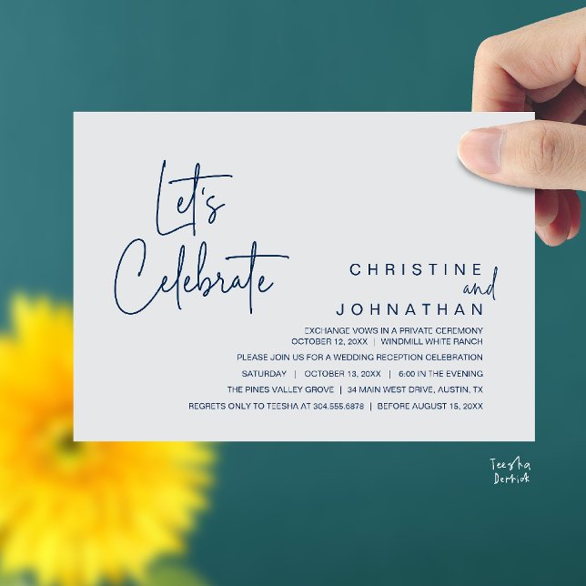 Let's Celebrate, Wedding Elopement Dinner Party Inbjudningar (Let's Celebrate, modern minimal Wedding Elopement Dinner Party Invitation card in navy blue grey)