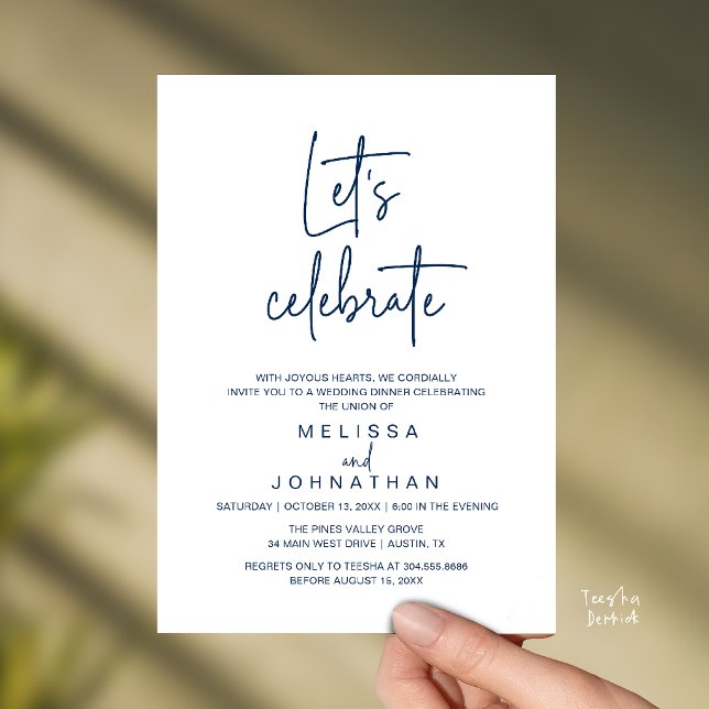 Let's Celebrate, Wedding Elopement Reception Inbjudningar (Let's Celebrate, Modern Minimal Wedding Elopement Reception Dinner Invites Card in Navy Blue)