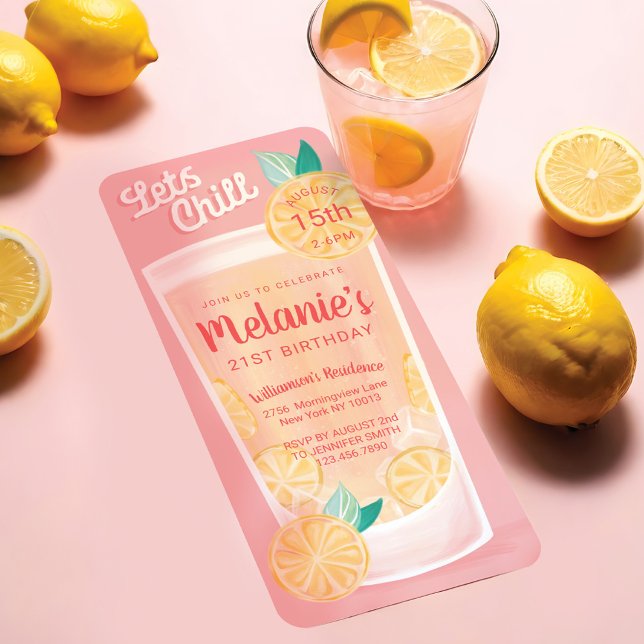 Lets Chill Rosa Lemonade Cocktail Glass Birthday Inbjudningar (Lets Chill Pink Lemonade Cocktail Glass Birthday Invitation)