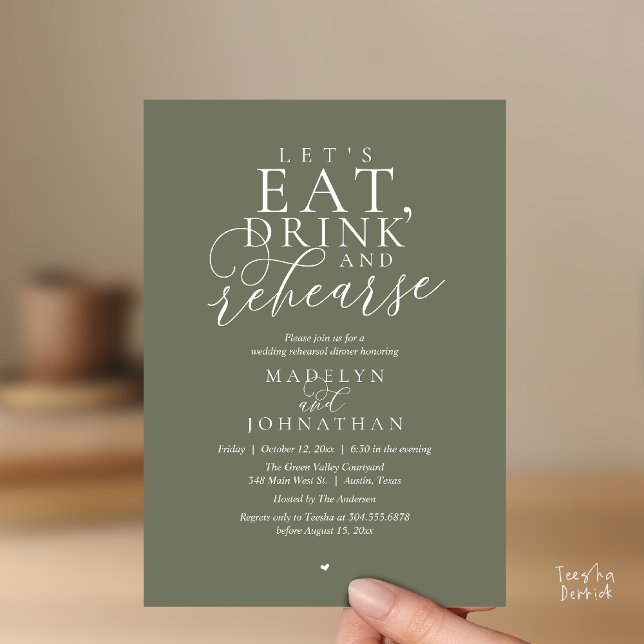 "Let's eat, drink and rehearse", Rehearsal Dinner Inbjudningar ("Let's eat, drink and rehearse", Rehearsal Dinner Invitation card in olive sage green)
