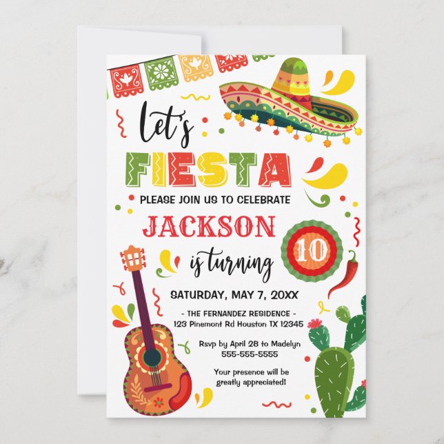 LET'S FIESTA Birthday Party Invitation Inbjudningar (Framsida)