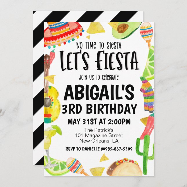 Let's Fiesta Birthday Party Invitation Inbjudningar (Fram/baksida)