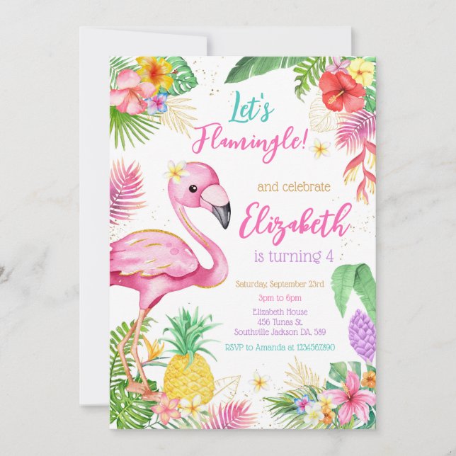 Let's Flamingo Flamingle Tropical Birthday  Inbjudningar (Framsida)