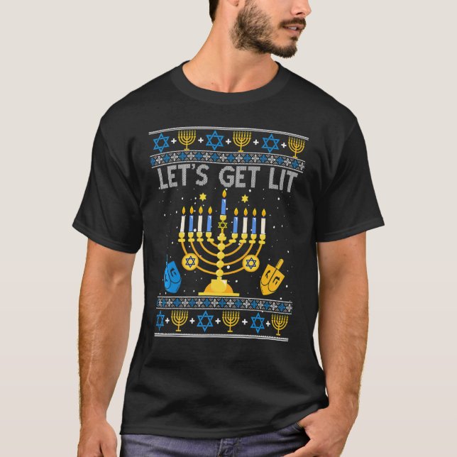 Let's Get Lit Chanukah Hanukkah  Christmas Ugly Sw T Shirt (Framsida)