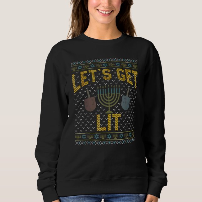 Let's Get Lit Drinking Ugly Hanukkah Sweater T Shirt (Framsida)