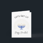Lets' Get Lit - Lycklig Hanukkah - Pun Kort<br><div class="desc">Ett perfekt sätt att kontakta människor i julhelg och önska dem en Lycklig Hanukkah. Kortet "Lets" Get Lit - Lycklig Hanukkah" har en glansig blå menorah och guld. Det här idiotiska kortet handlar om att fira säsongen med lite skratt. Blanka för ditt personliga meddelande.</div>