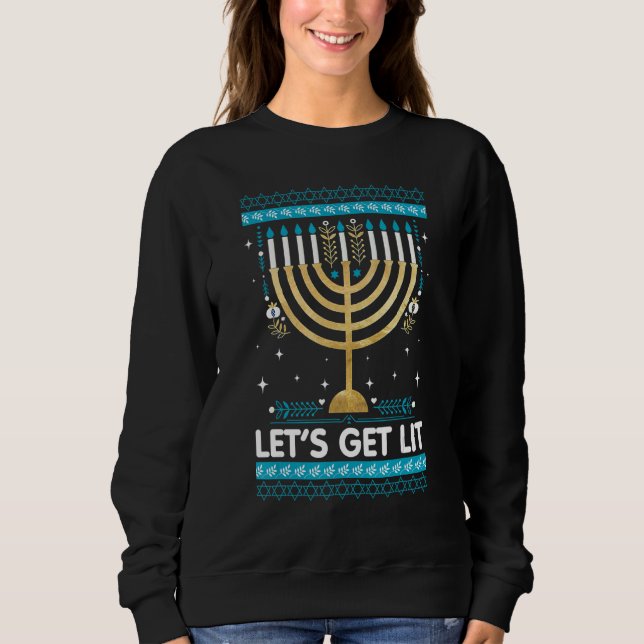 Let's Get Lit Menorah Jewish  Ugly Hanukkah Chanuk T Shirt (Framsida)