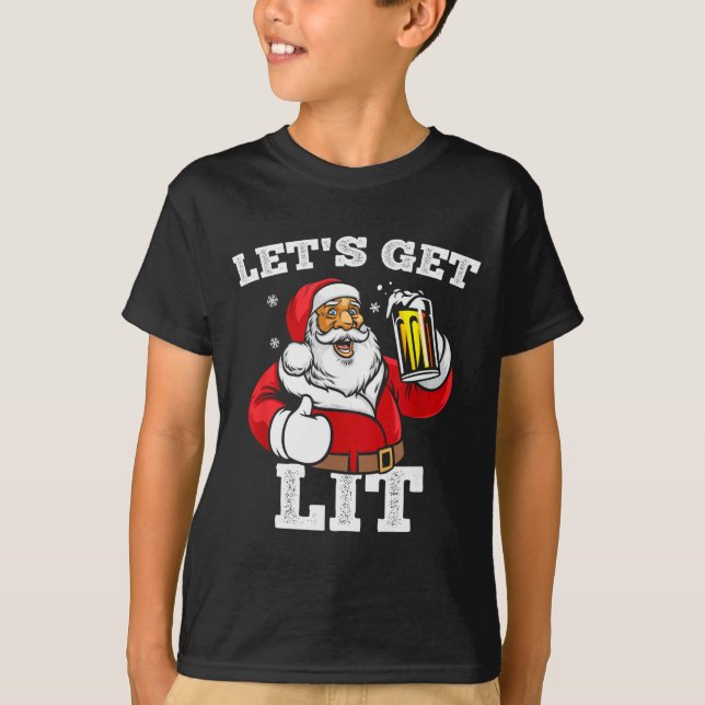 Let's Get Lit Santa Claus Drinking Beer Christmas  T Shirt (Framsida)