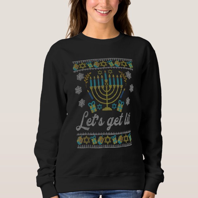 Lets Get Lit Ugly Hanukkah Channukah T Shirt (Framsida)