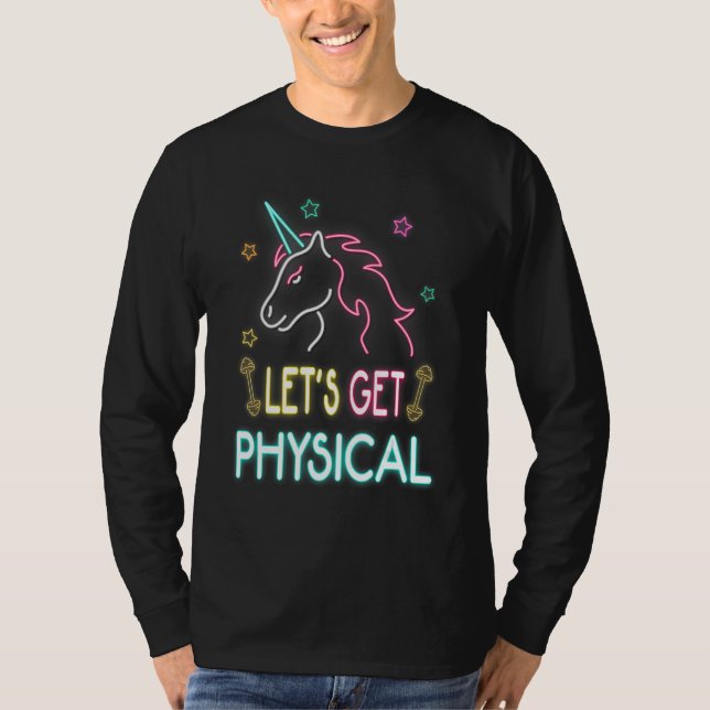Let's Get Physical Workout Unicorn 80s Retro T Shirt (Framsida)