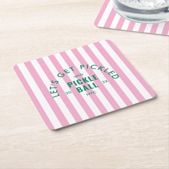 Let's Get Pickled Après Pickleball Pink Stripe Underlägg Papper Kvadrat (Vinklad)