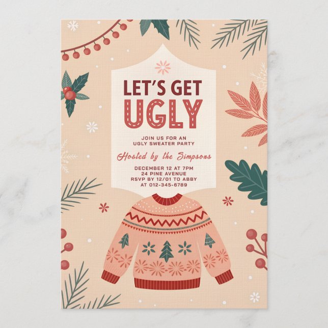 Let's Get Ugly Retro Christmas Ugly Sweater Party Inbjudningar (Framsida)