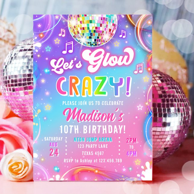 Let's Glow Crazy Disco Neon Glow Girl Birthday Inbjudningar (Skapare uppladdad)