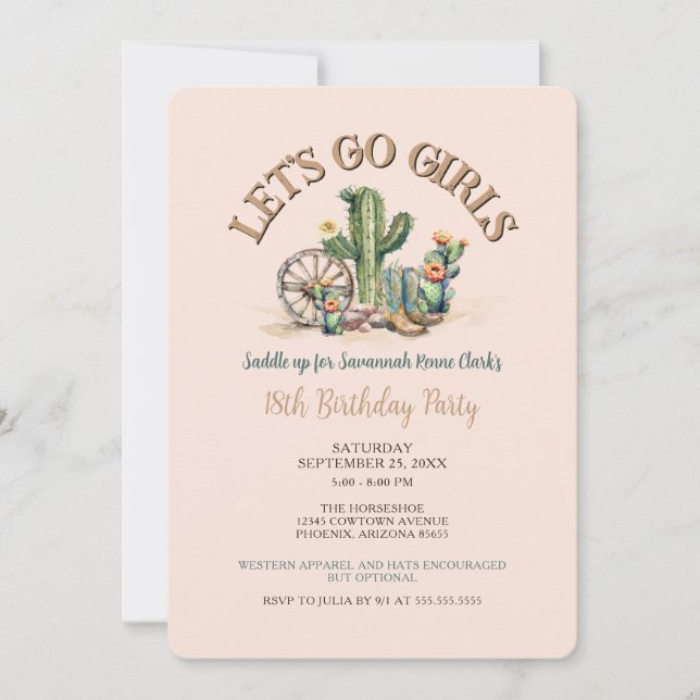 Lets Go Girls Cowgirl Western Cactus Birthday Inbjudningar (Framsida)