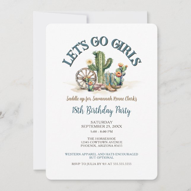 Lets Go Girls Cowgirl Western Cactus Birthday Inbjudningar (Framsida)