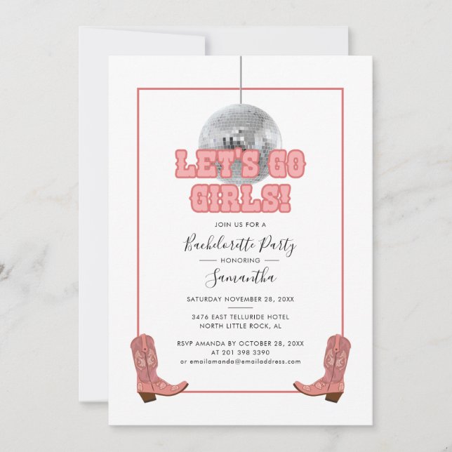 Lets Go Girls Disco Cowgirl Bachelorette Party Inbjudningar (Framsida)