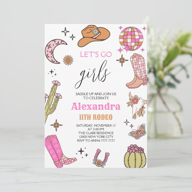 Let's Go Girls Disco Rodeo Wester Cowgirl birthday Inbjudningar (Stående Fram)