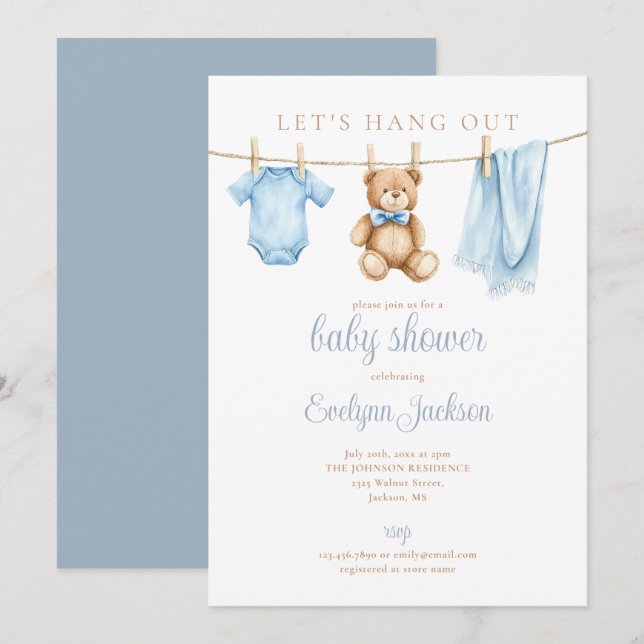 Let's Hang Out Blue Boy Clothesline Baby Shower Inbjudningar (Fram/baksida)