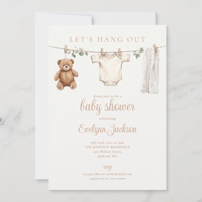 Lets Hang Out Clothesline Neutral Baby Shower Inbjudningar (Framsida)
