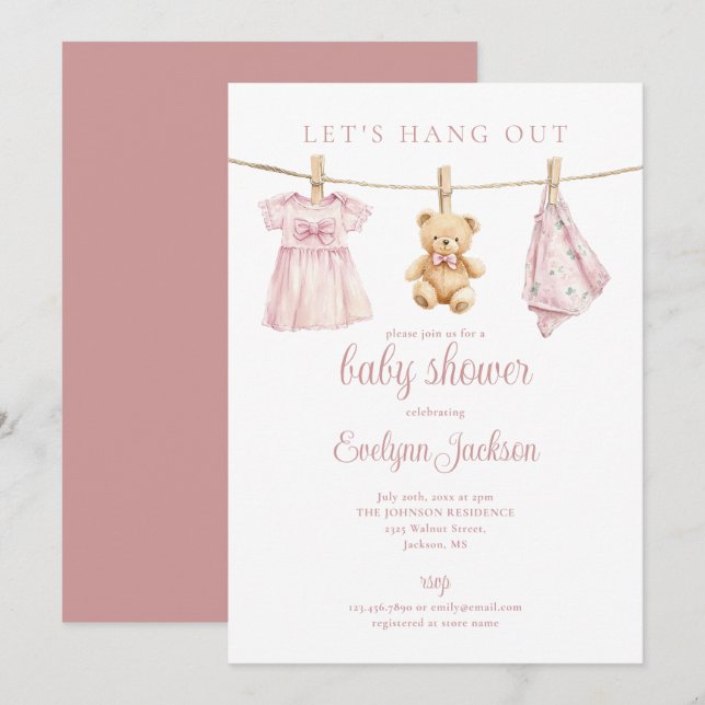 Lets Hang Out Pink Girl Clothesline Baby Shower Inbjudningar (Fram/baksida)