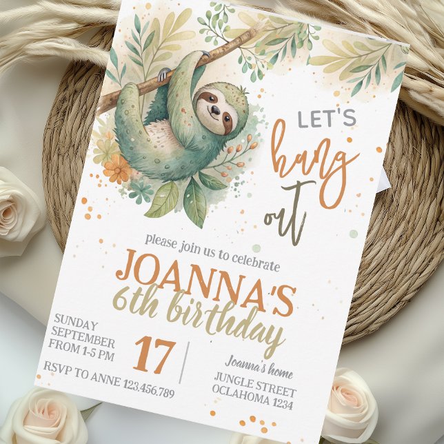 Let's hang out sloth kids birthday inbjudningar (Skapare uppladdad)