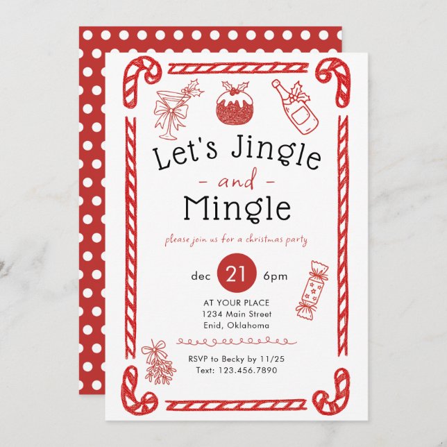 Let's Jingle and Mingle Red Doodle Holiday Party Inbjudningar (Fram/baksida)