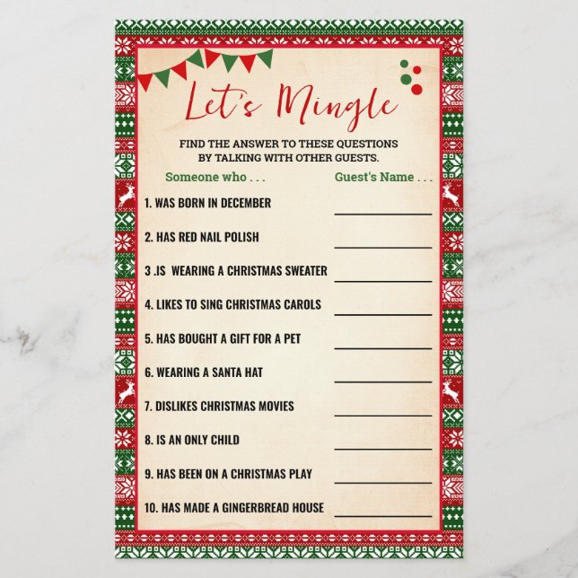 Let's Mingle Find Guest Ugly Sweater Game Card Flygblad (Framsidan)