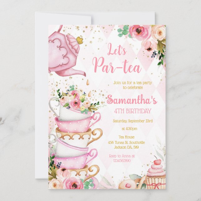 Let's Par-tea Birthday Tea Party Invitation Inbjudningar (Framsida)