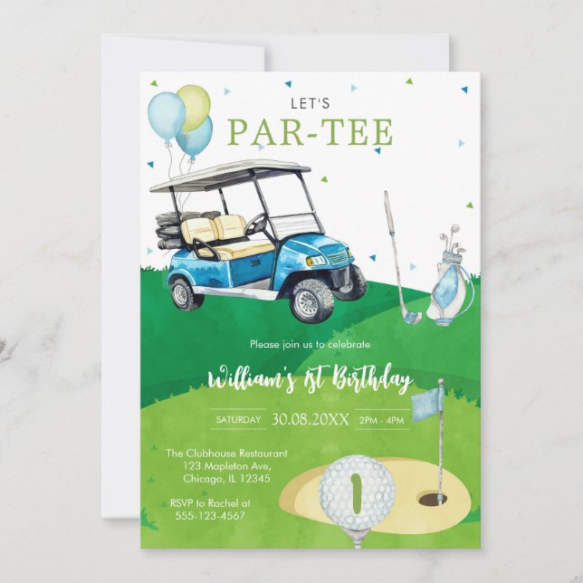 Let's Par-tee Golf Boy 1st Birthday Invitati Inbjudningar (Framsida)