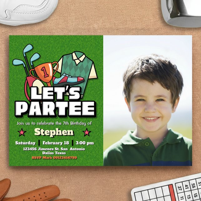 Lets Partee - Golf Födelsedag med Foto Landskap Inbjudningar (Lets Partee - Golf Birthday with Photo Landscape Invitation)
