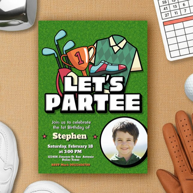 Lets Partee - Golf Födelsedagsinbjudan med Foto Inbjudningar (Lets Partee - Golf Birthday Invitation with Photo)