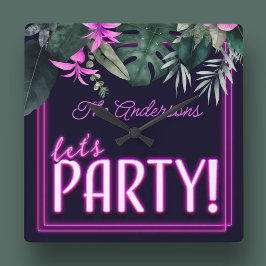 Let's Party Electric Pink Neon Tropical Birthday Fyrkantig Klocka