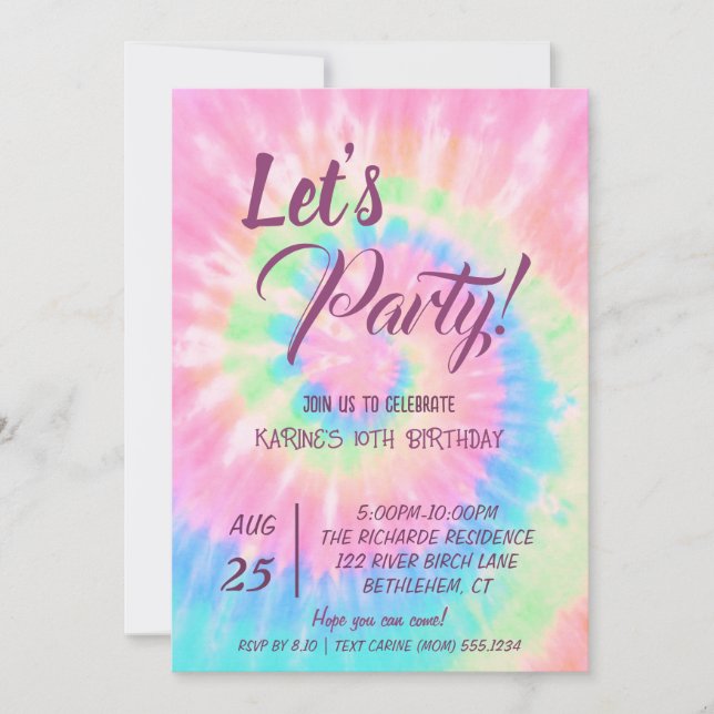 Let's Party, Pink Tie Dye birthday Inbjudningar (Framsida)