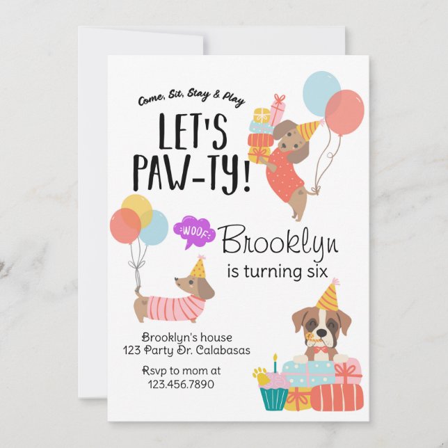 Let's Paw-ty, Dog Birthday, Puppy Party Inbjudningar (Framsida)