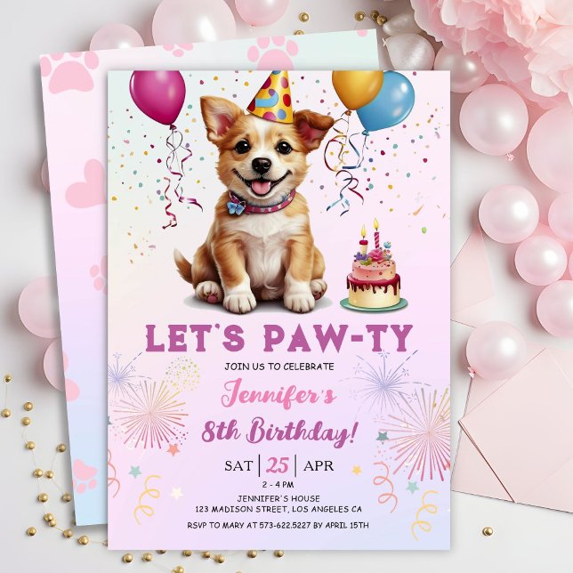 Lets Pawty 8th Birthday Hund Puppy Girl Party Inbjudningar (Skapare uppladdad)