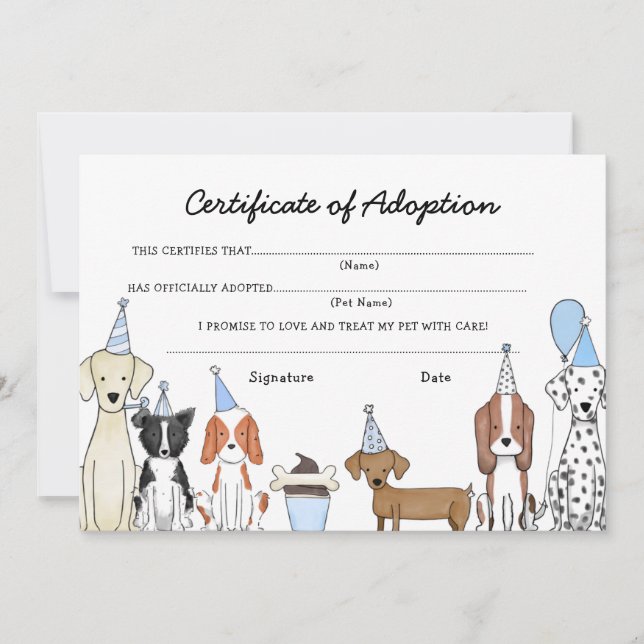 Lets Pawty Adoption Certificate Dog birthday card Tack Kort (Framsida)