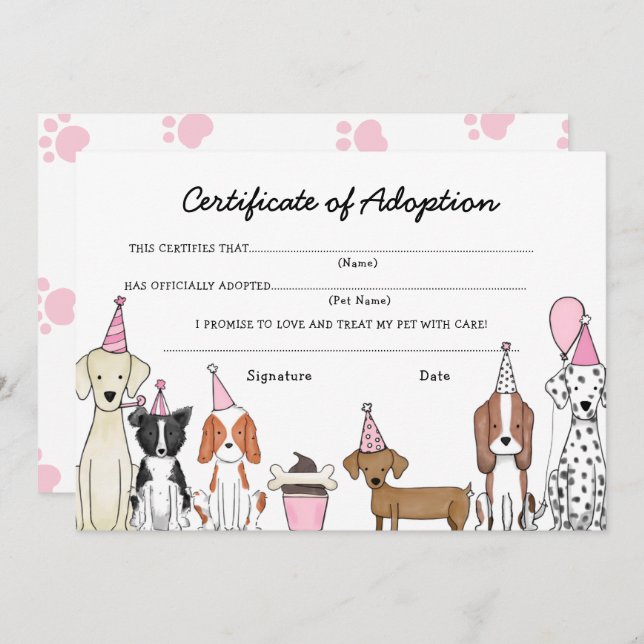 Lets Pawty Adoption Certificate Dog birthday card Tack Kort (Fram/baksida)