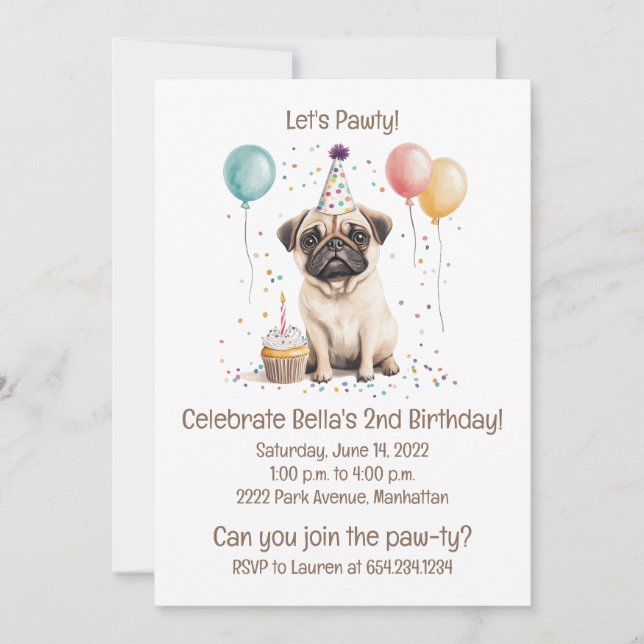 Let's Pawty Birthday Pug Dogs Cupcake Inbjudningar (Framsida)