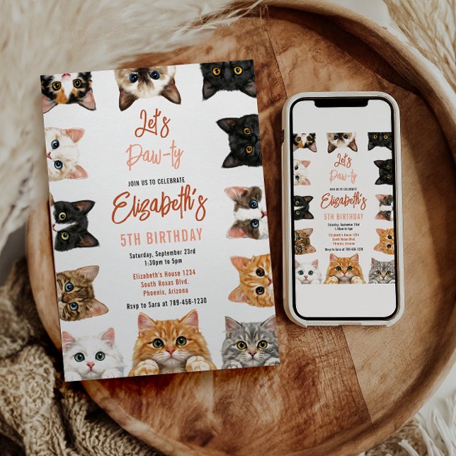 Let's Pawty Cat 5th Birthday | Custom Birthday Kid Inbjudningar (Let's Pawty Cat 5th Birthday | Birthday Kid Invitation
)