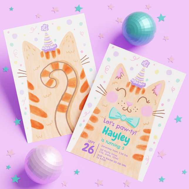 Lets Pawty Cute Kattunge Ansikte Barns födelsedag  Inbjudningar (Lets Pawty Cute Kitty Cat Face Kids Birthday Party Invitation)